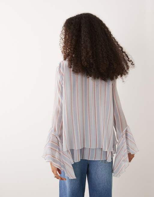 Mango - Soepelvallende gestreepte blouse met lange mouwen in blauw en roze, 3 van 4