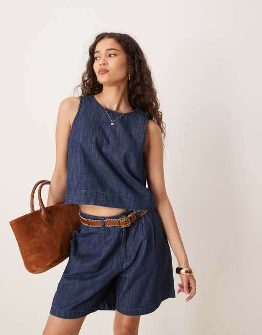 Mango soft denim croppped shell top in indigo
