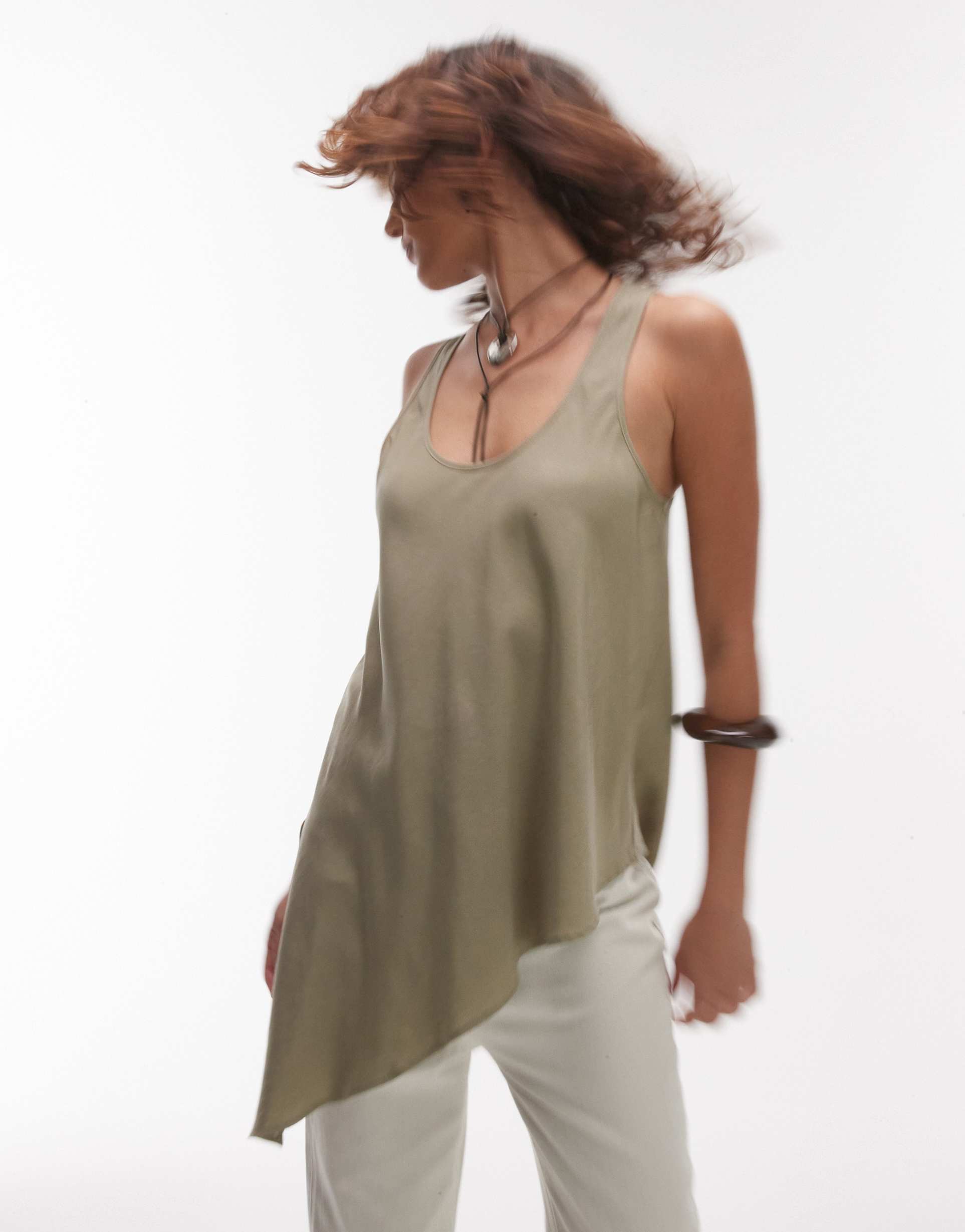 mango soft touch asymmetric hem top in green
