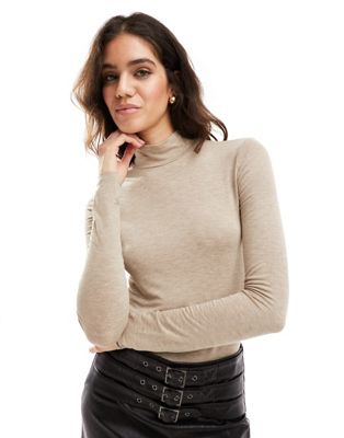 Mango soft touch high neck top in taupe
