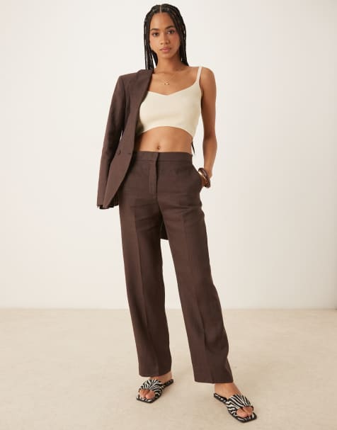 Mango soft touch linen tailored trouser co-ord in chocolate - view 1