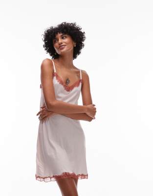 soft touch modal cami slip dress with contrast lace trim in pink