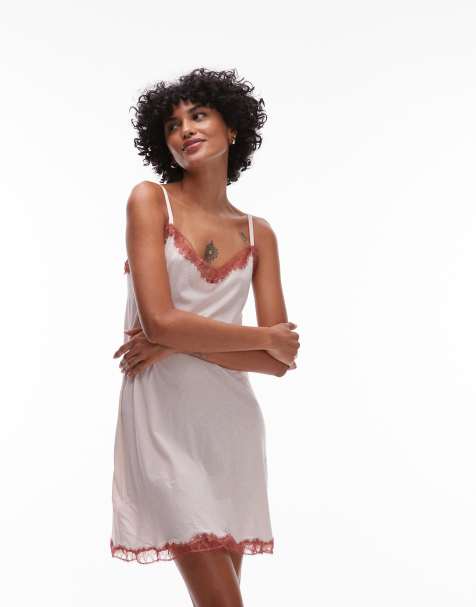 Mango soft touch modal cami slip dress with contrast lace trim in pink  - view 1