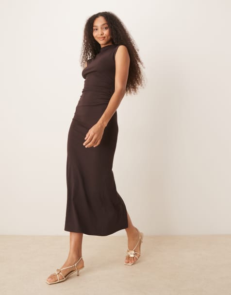 Mango soft touch modal mix slim fit maxi dress with high neck in brown - view 1