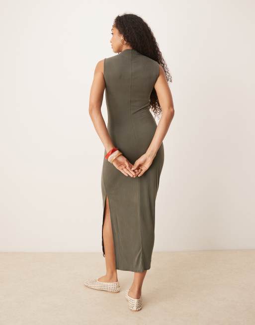 Mango soft touch ruched midaxi dress in washed khaki, 2 of 4