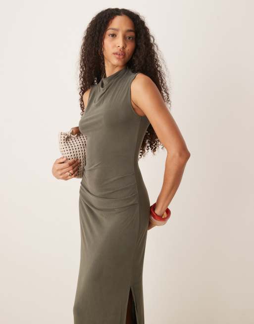 Mango soft touch ruched midaxi dress in washed khaki, 3 of 4
