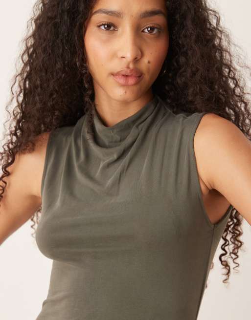 Mango soft touch ruched midaxi dress in washed khaki, 4 of 4