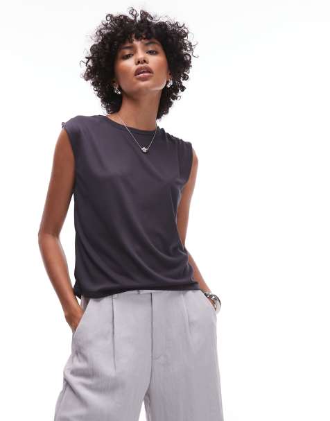 Mango soft touch ruched shoulder detail t-shirt in charcoal - view 1