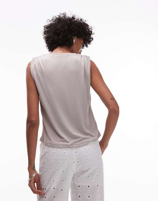 Mango soft touch ruched shoulder detail T-shirt in mushroom, 3 of 4
