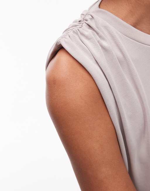 Mango soft touch ruched shoulder detail T-shirt in mushroom, 4 of 4