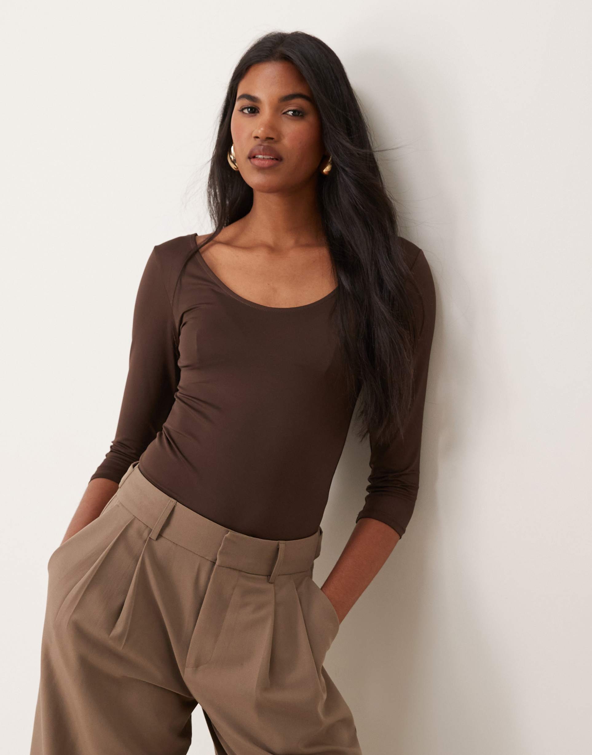 mango soft touch scoop neck t-shirt in brown