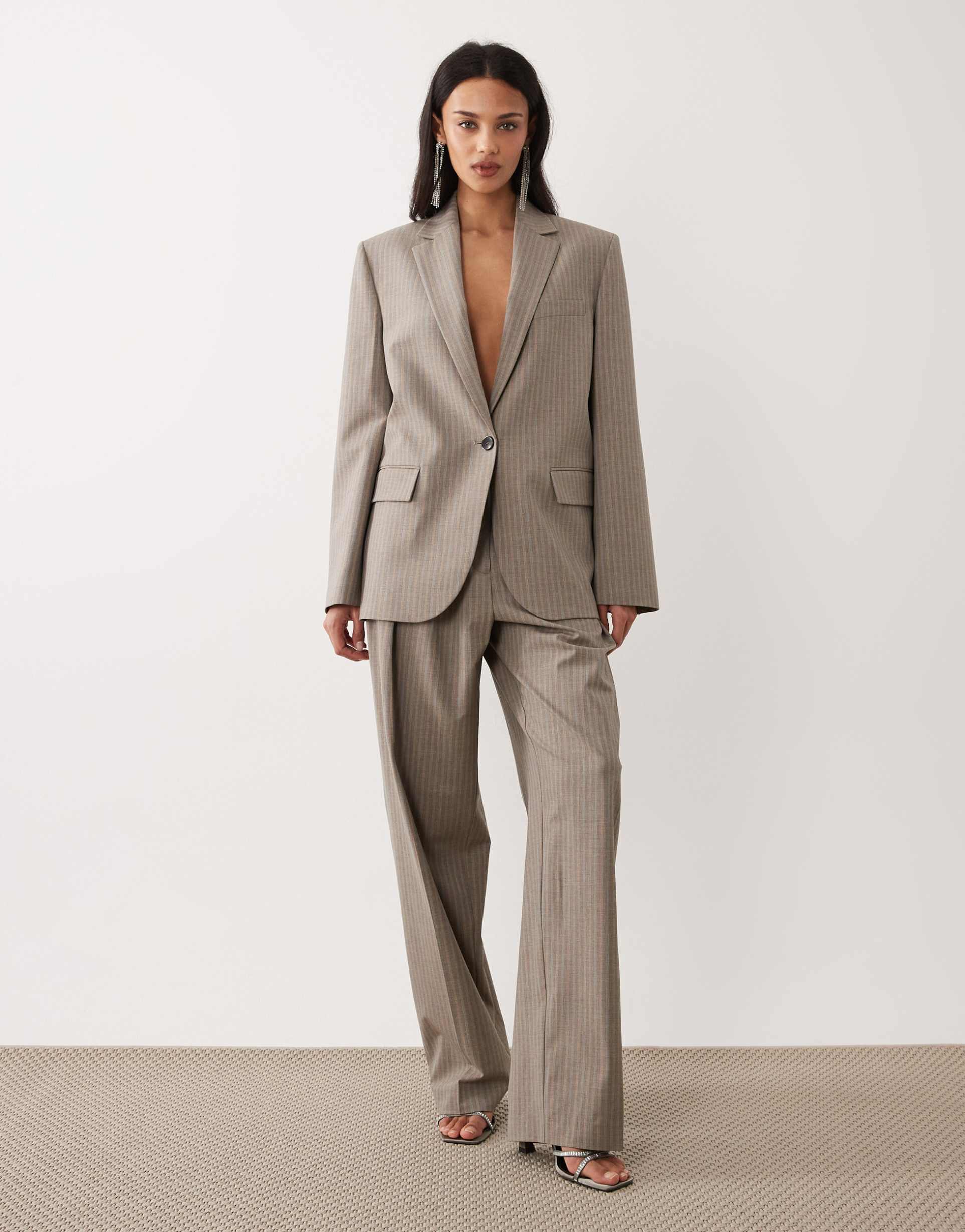 mango sol baggy tailored pants in beige and blue stripe - part of a set