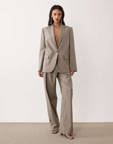 Mango – Sol – Beżowo-niebieskie eleganckie spodnie baggy w paski, część zestawu - view 1