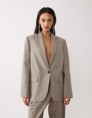 Приталенный блейзер Mango Sol в бежевую и синюю полоску - часть комплекта beige