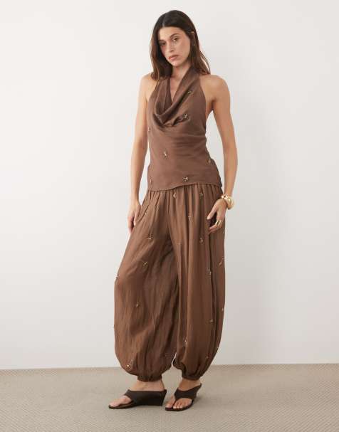 Mango - Soliel - Co-ord set met top met halternek en versiering en broek in bruin - view 1
