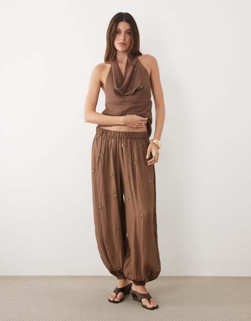 Mango - Soliel - Pantaloni marroni con polsini decorati in coordinato