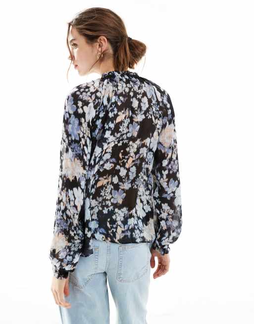 Mango - Sort bluse med bindehals og blomstermønster, 2 af 4