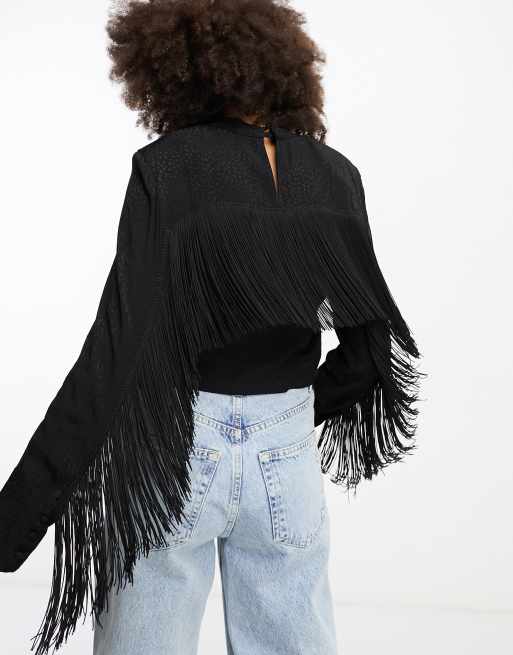 Mango - Sort bluse med frynser