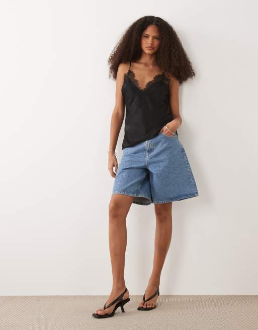 Mango - Sort cami-top i kompakt strik med blondekant, 2 af 4
