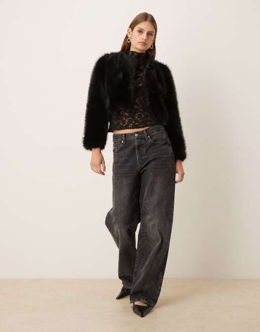 Mango - Sort cropped jakke i imiteret pels uden krave, 3 af 4