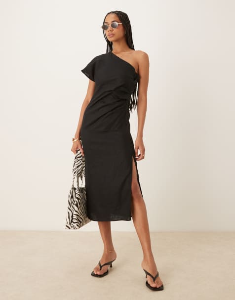 Mango - Sort hørkjole med oneshoulder-snit og rynket talje - view 1