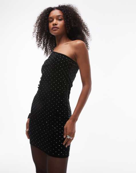 Mango - Sort oneshoulder-kjole i velour med nitter - view 1