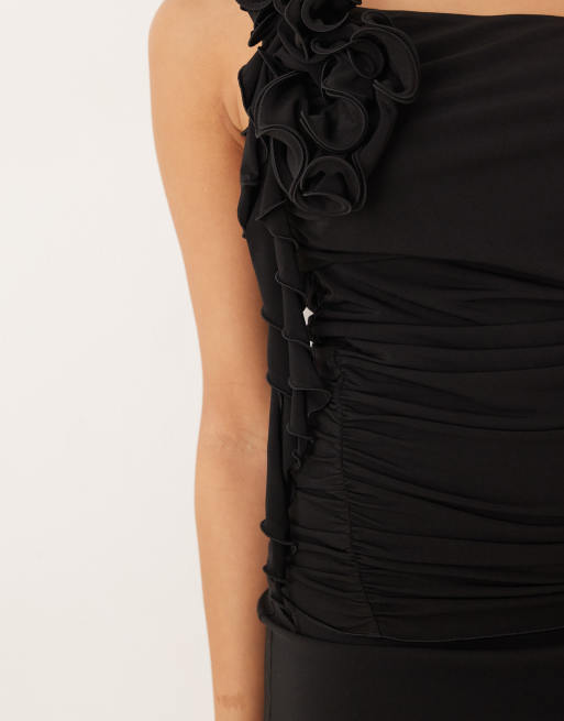 Mango - Sort oneshoulder-top med flæsedetaljer, 3 af 4