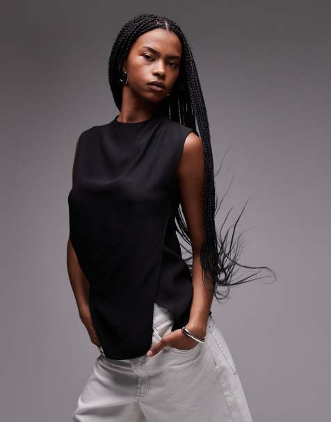 Mango - Sort ærmeløs top med slå-om-snit foran i satin - view 1