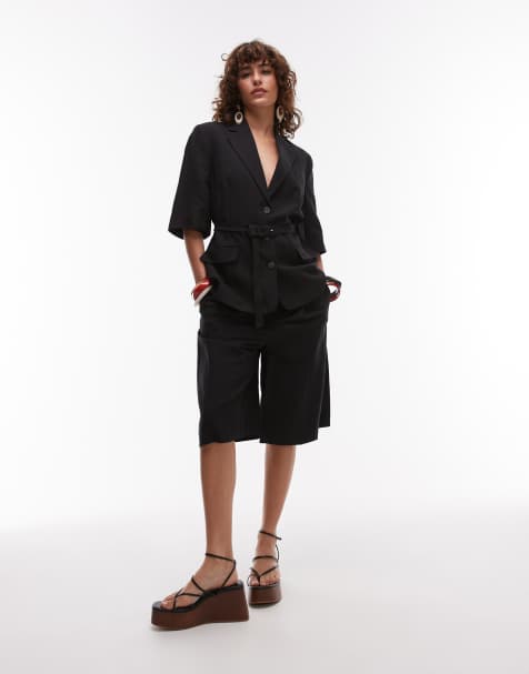 Mango - Sorte longline-bermudashorts i hørblanding - view 1