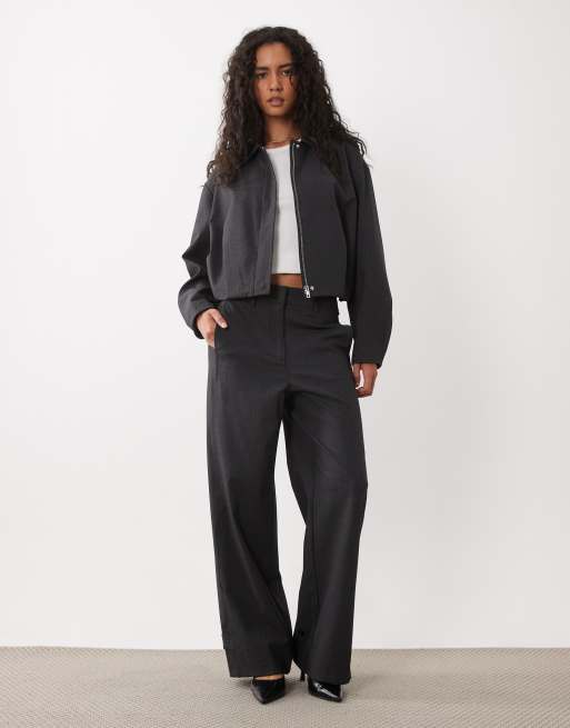 Mango Souffle harrington jacket & trouser co-ord in charcoal pinstripe, 2 of 3