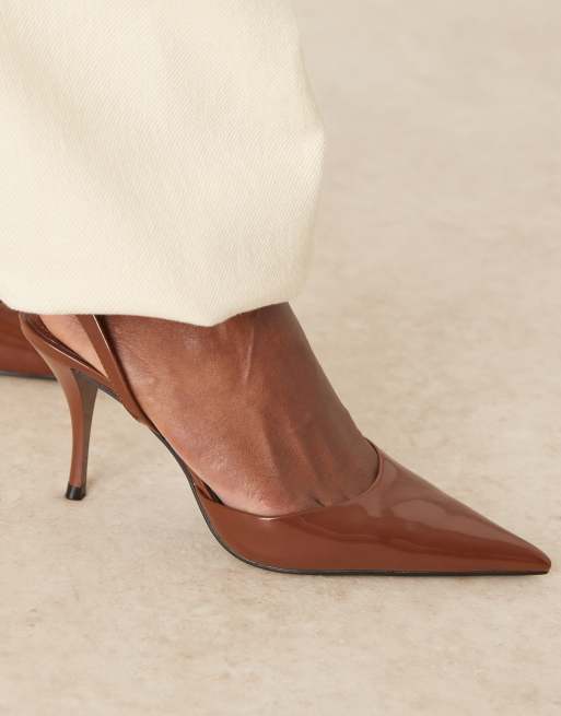 Mango – Spitz zulaufende Schuhe in Dunkelbraun mit Fersenriemen und Absatz, 4 von 4