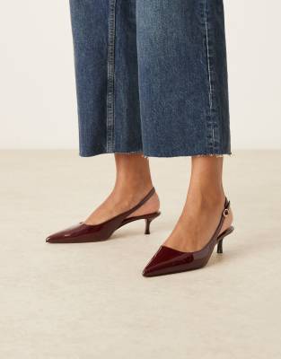 Mango - Spitze Absatzschuhe in Lackoptik in Kirschrot mit Fersenriemchen
