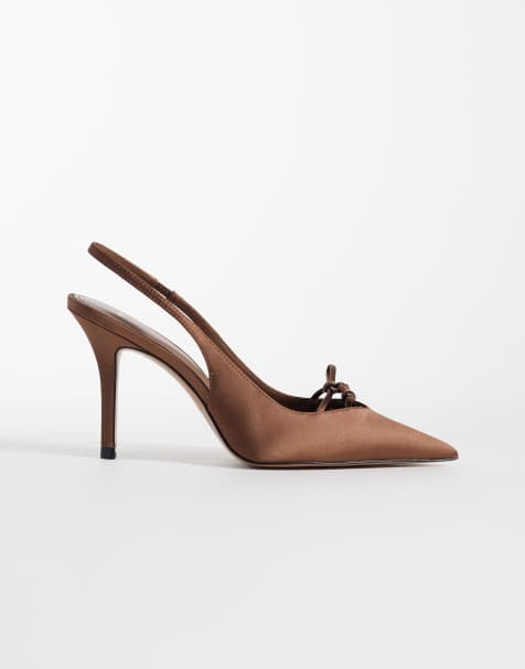 Mango – Spitze Satin-Absatzschuhe in Braun mit Fersenriemchen und Schleifendetail - view 1