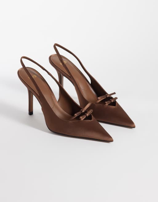Mango – Spitze Satin-Absatzschuhe in Braun mit Fersenriemchen und Schleifendetail, 2 von 4
