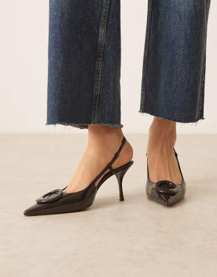 Mango - Spitze Schuhe aus Samt in Dunkelbraun mit Absatz und Fersenriemen-Brown
