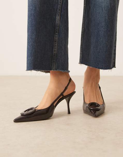 Mango – Spitze Schuhe aus Samt in Dunkelbraun mit Absatz und Fersenriemen - view 1