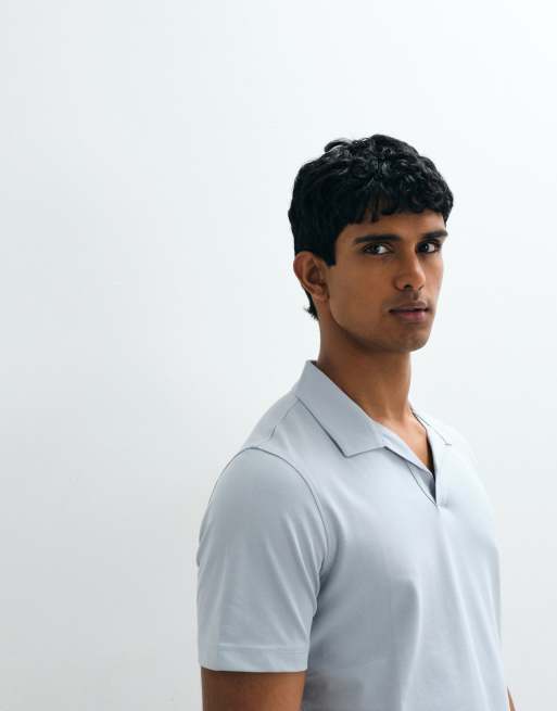 Mango split collar T-shirt in sky blue, 3 of 5