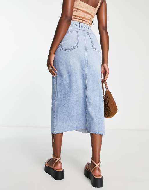 Mango split front denim midi skirt in light blue