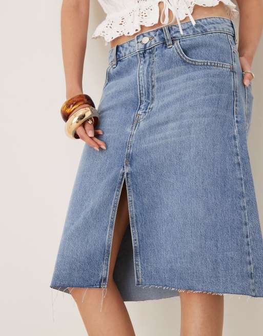 Mango split front knee length denim skirt in light blue | ASOS