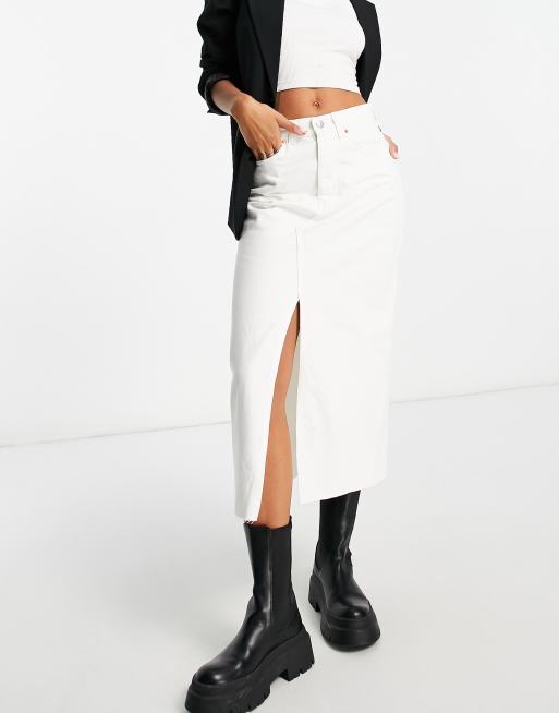 Mango split front longline denim mini skirt in white | ASOS