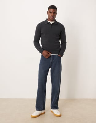 Mango Split Neck Knit Polo Sweater In Blue