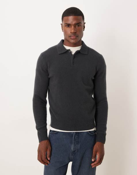 Mango split neck knitted polo jumper in blue