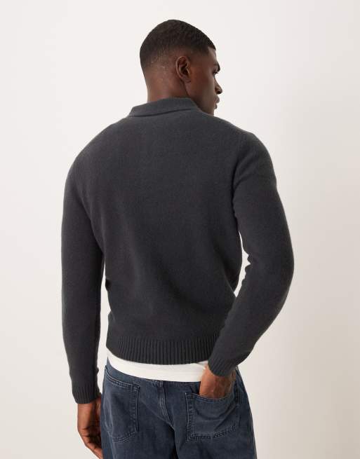 Mango split neck knitted polo jumper in blue, 3 of 5