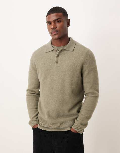Mango split neck knitted polo jumper in light green - view 1