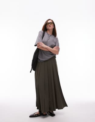 split side pleated midi skirt in khaki-Gray