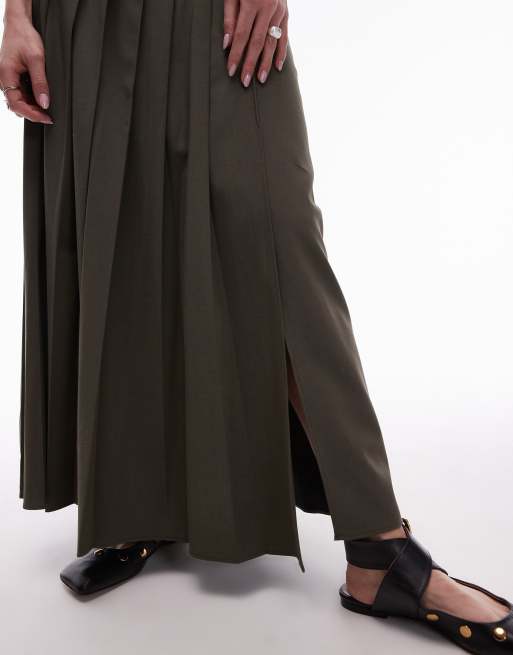 Mango split side pleated midi skirt in khaki ASOS
