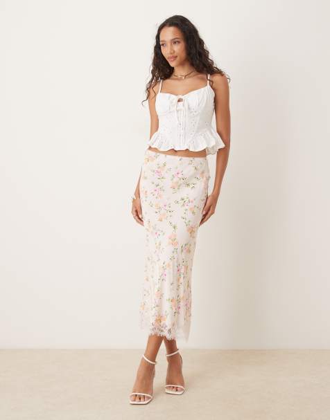 Mango lace trim maxi skirt in pink floral
