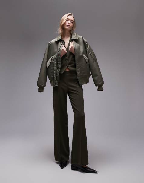 Mango elasticated waist straight leg trousers co-ord in khaki 