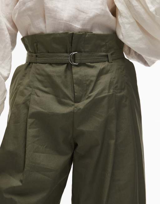 Mango – Spodnie z szerokimi nogawkami i zakładkami w kolorze khaki z paskiem, 5 z 5