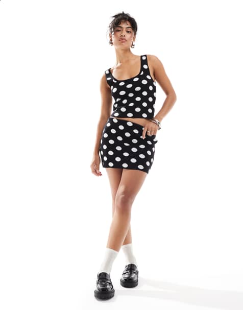 Mango spot print knitted co-ord skirt in black - view 1